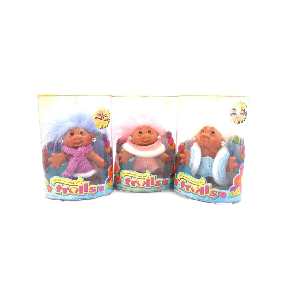 Vtg DAM Good Luck‎ Granny Troll Dolls Set of 3 Sealed Packaging Knitting Grandma